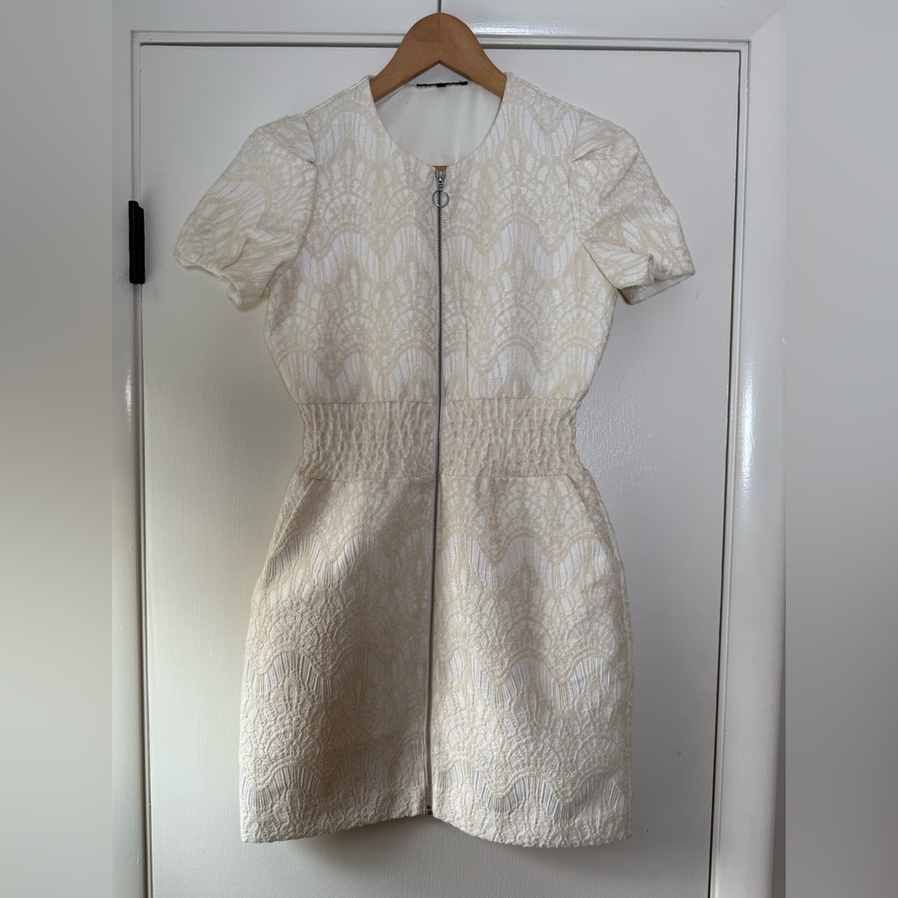 Maje Roxa Jacquard Mini Dress Zip Front Short Sleeve Gathered Waist Ecru Medium - Picture 7 of 16